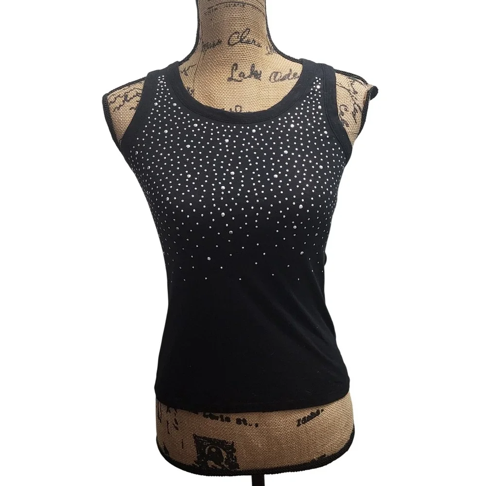 Justice Black Rhinestone Tank Top‎ Girls Size 14 Keyhole Back Bow Detail